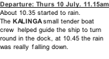 Departure: Thurs 10 July. 11.15am About 10.35 started to rain.  The KALINGA small tender boat crew  helped guide the ship to turn round in the dock, at 10.45 the rain was really falling down.