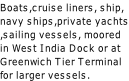 Boats,cruise liners, ship, navy ships,private yachts ,sailing vessels, moored  in West India Dock or at Greenwich Tier Terminal  for larger vessels.
