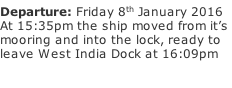 Departure: Friday 8th January 2016   At 15:35pm the ship moved from it’s  mooring and into the lock, ready to leave West India Dock at 16:09pm