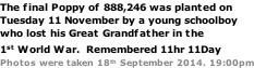 The final Poppy of 888,246 was planted on Tuesday 11 November by a young schoolboy  who lost his Great Grandfather in the  1st World War.  Remembered 11hr 11Day Photos were taken 18th September 2014. 19:00pm